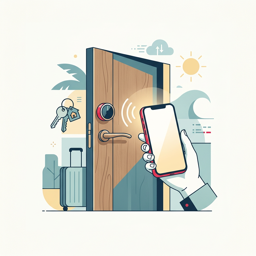 Mano sosteniendo un smartphone, acercándolo a una cerradura inteligente para abrir una puerta en una propiedad turística moderna