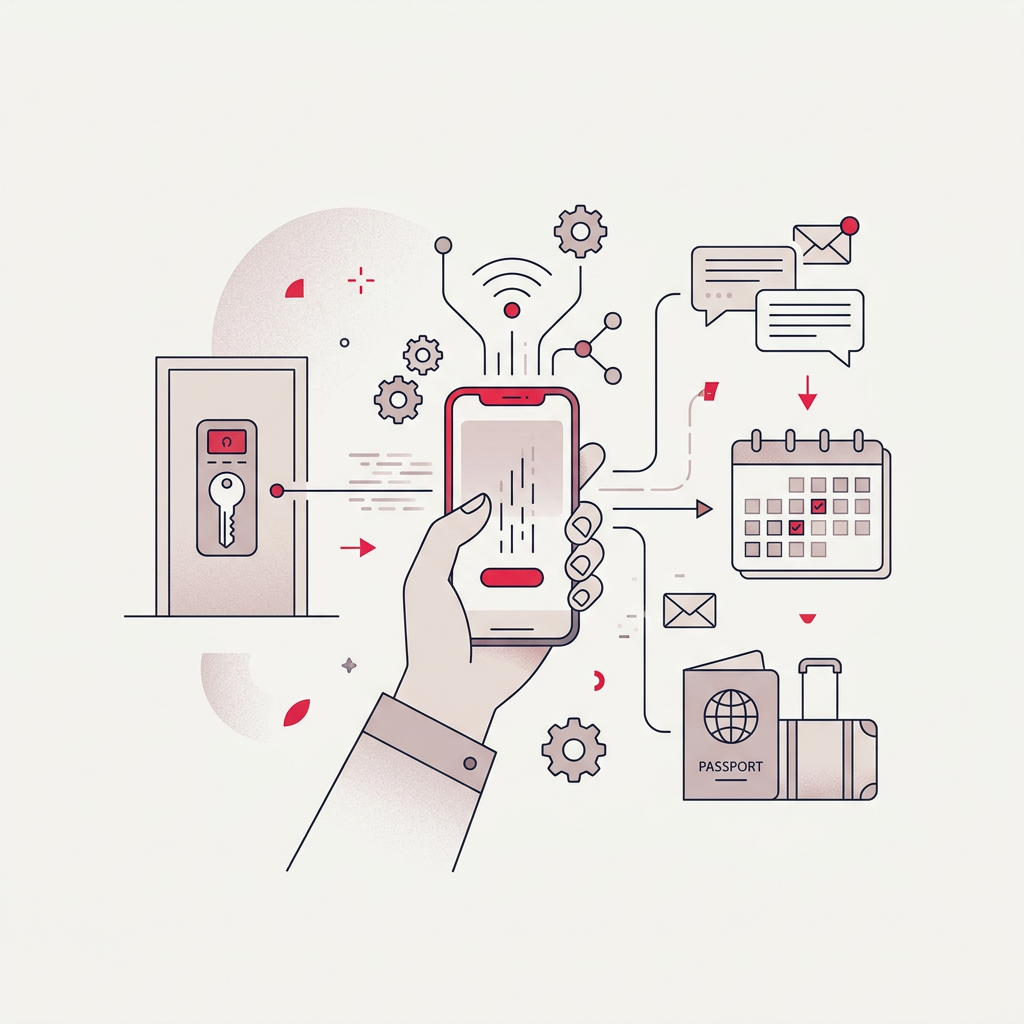 Icono de software de automatización de check-in con una llave digital y un dispositivo móvil sobre un fondo moderno.
