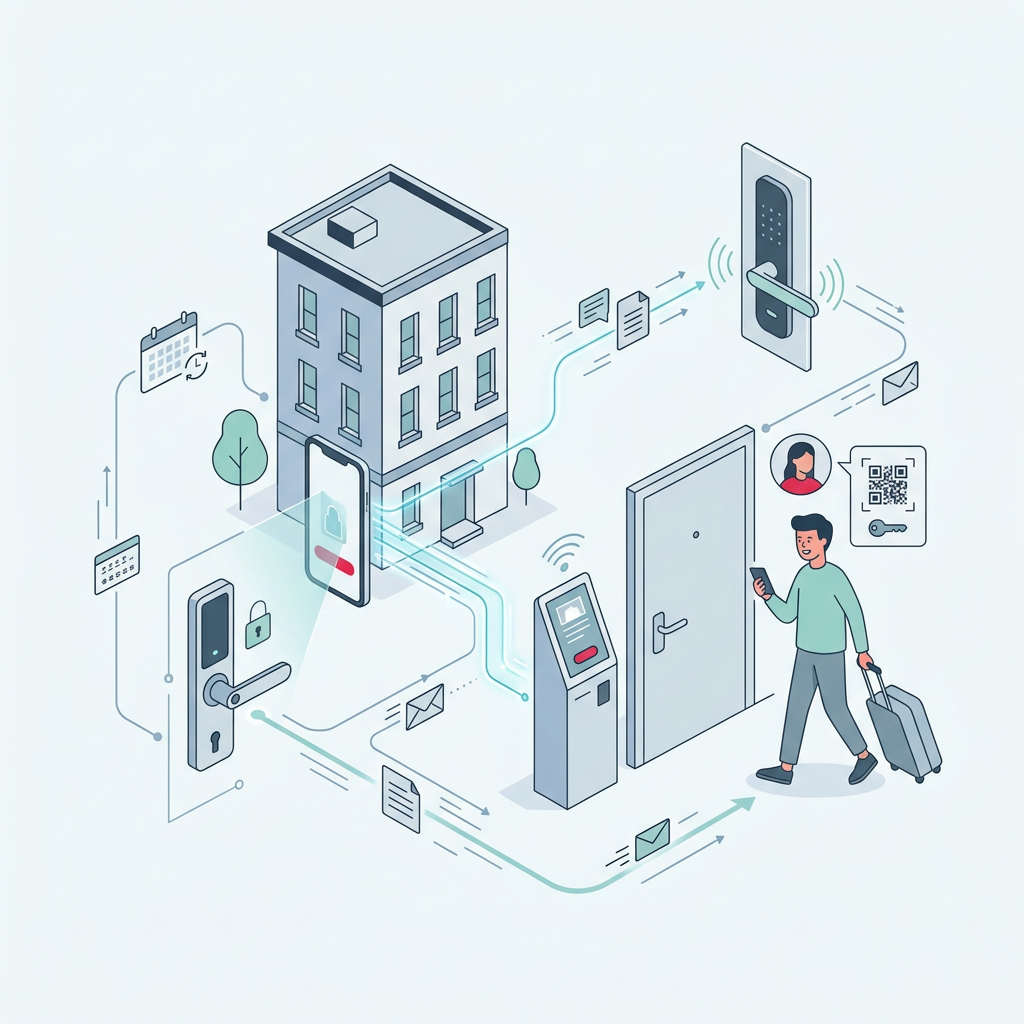 Un huésped utilizando una cerradura inteligente en la puerta de un apartamento turístico con su smartphone para hacer el check-in automático