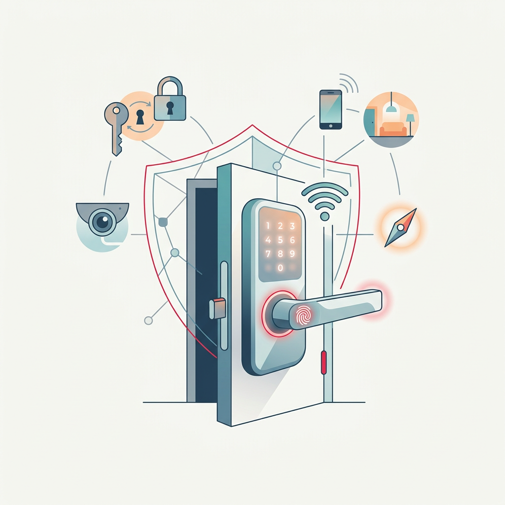 Une serrure numérique moderne installée sur une porte en bois, avec une main utilisant un smartphone pour l'ouvrir, symbolisant le confort et la sécurité d'un accès intelligent.