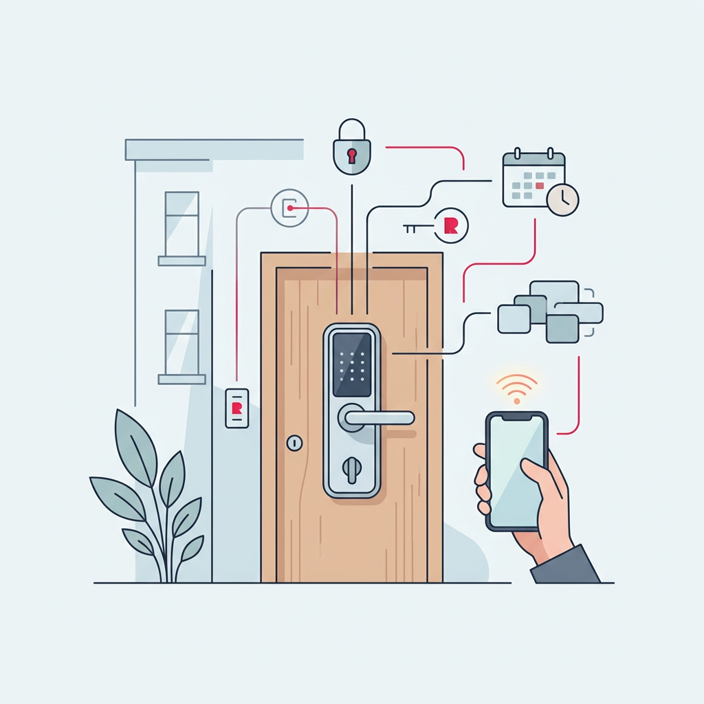 Cerradura electrónica moderna instalada en la puerta de un apartamento turístico, con una tablet mostrando el control de acceso.