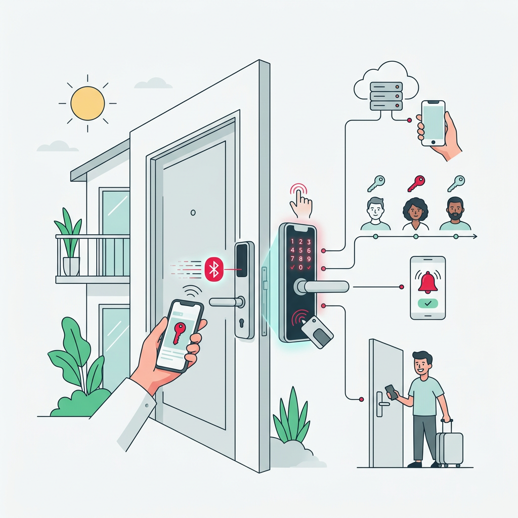 Uma fechadura eletrônica moderna instalada na porta de um alojamento de curta duração, com um smartphone a controlar o acesso.