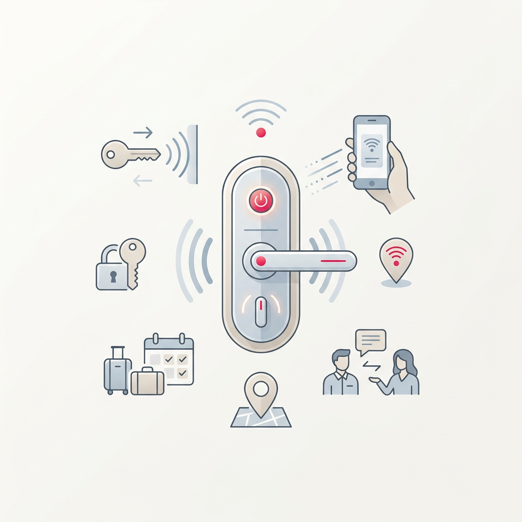 Una cerradura inteligente moderna instalada en la puerta de entrada de un apartamento turístico, con una tablet mostrando iconos de gestión remota y automatización del check-in, destacando la eficiencia y seguridad en el alquiler vacacional.