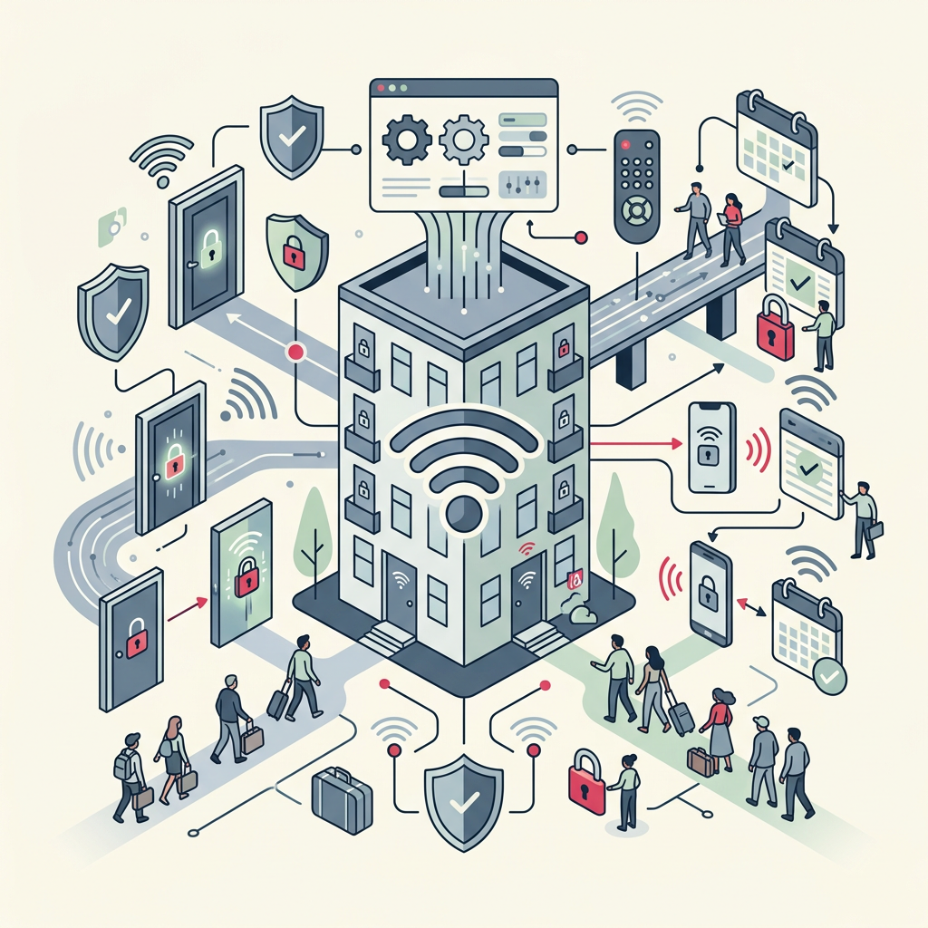 Ein modernes intelligentes Schloss an einer Tür, das von einem Smartphone aus ferngesteuert wird, symbolisiert die effiziente Verwaltung von Ferienwohnungen.