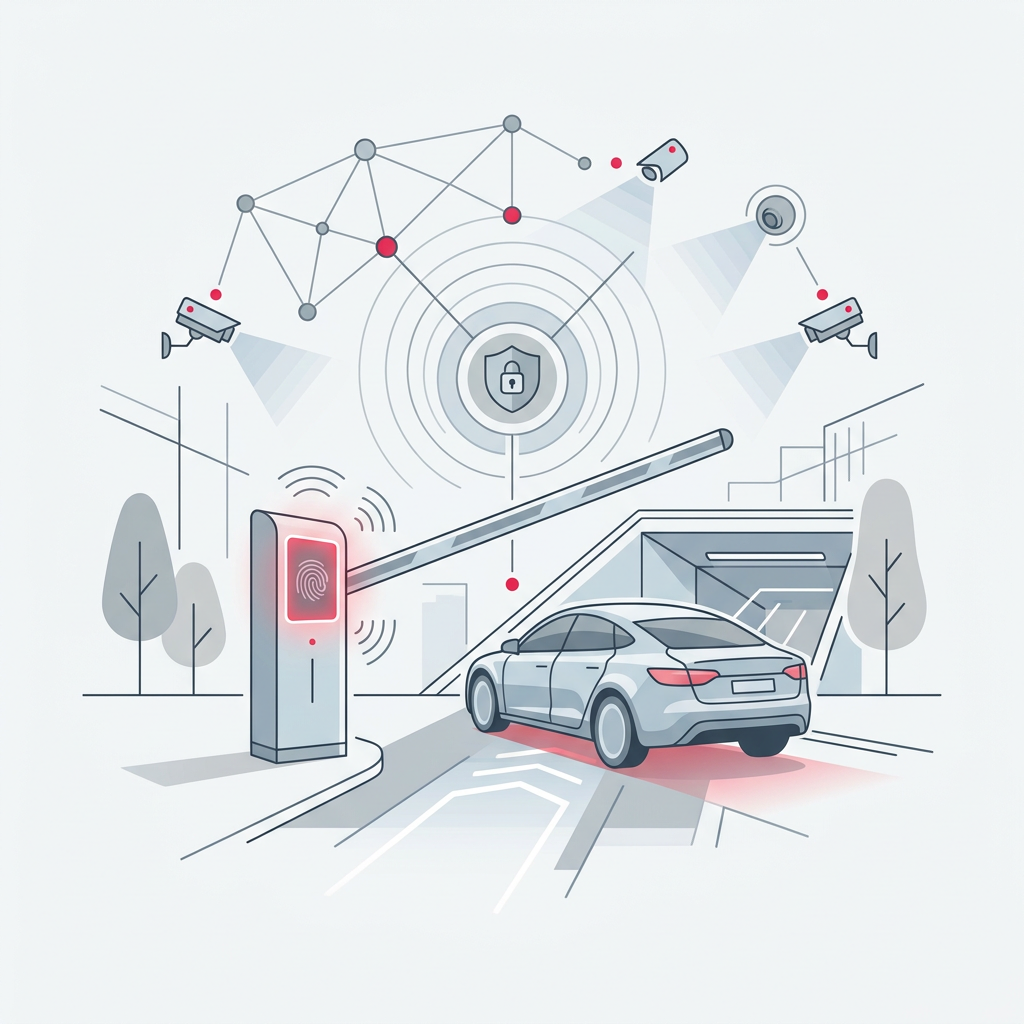Système intelligent de contrôle d'accès pour un garage de parking communautaire, montrant une barrière et un smartphone avec application d'ouverture.