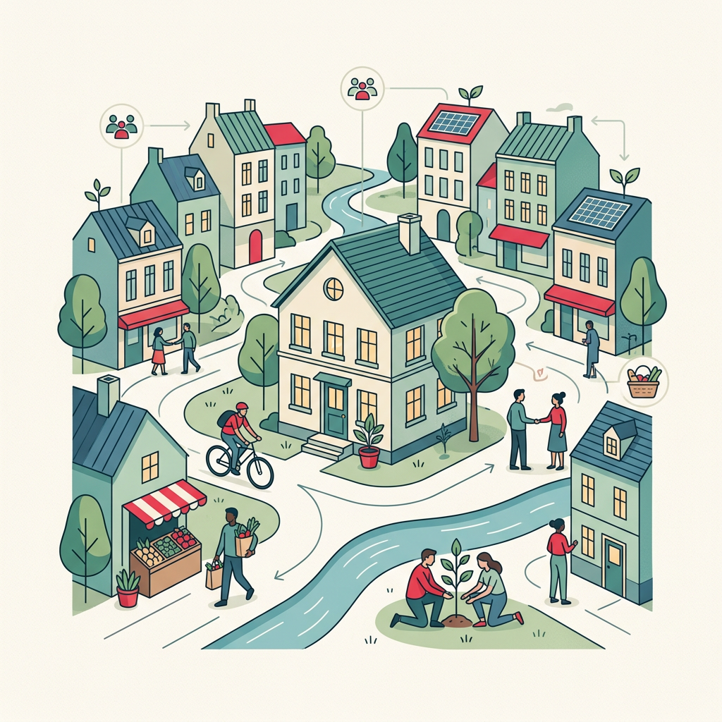 Ilustración de un planeta Tierra con edificios, una casa con un corazón y símbolos de dinero y personas, representando el turismo sostenible de Fairbnb.