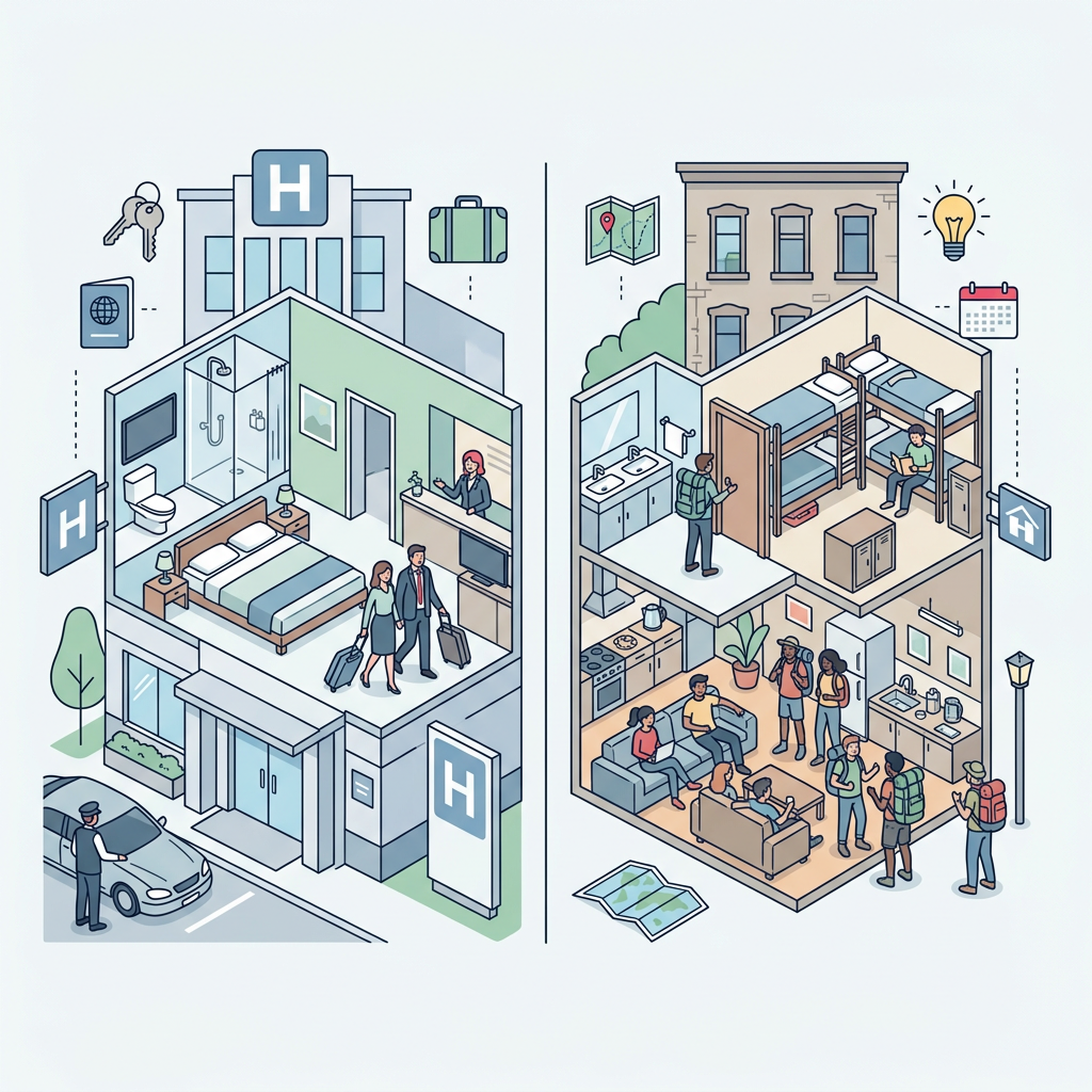 Comparación visual de un hotel moderno y un hostal vibrante, simbolizando las diferencias en servicios y ambiente.