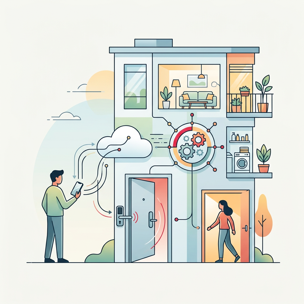 Hand holding a smartphone opening a smart lock on a modern apartment door.