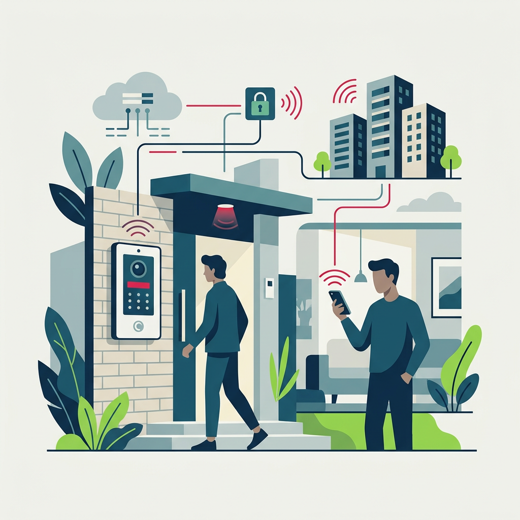 Moderno portero automático inteligente con pantalla táctil y cámara en la entrada de una comunidad residencial