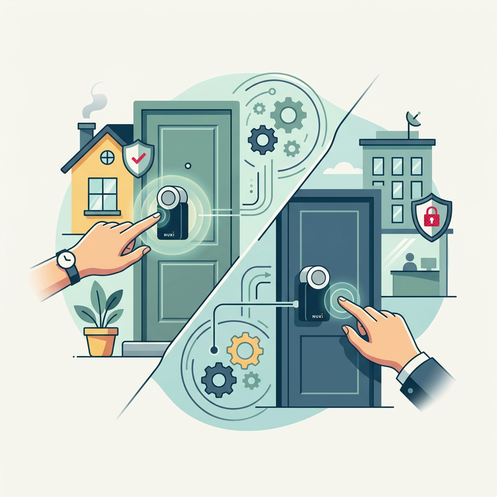 Cerradura inteligente Nuki Smart Lock instalada en una puerta, mostrando su diseño discreto y moderno.