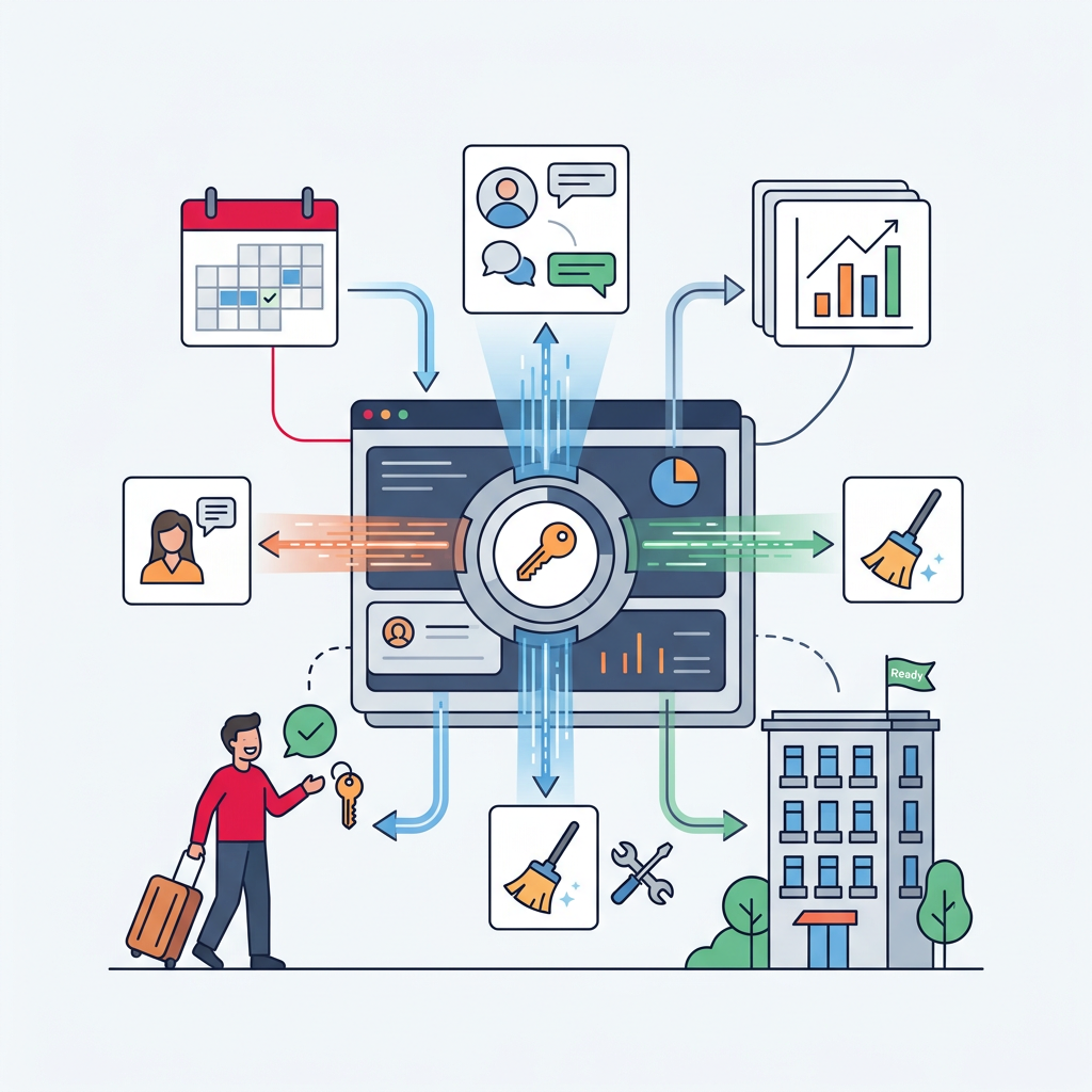 PMS software icon with gears and calendar, representing automation and efficiency in property management.