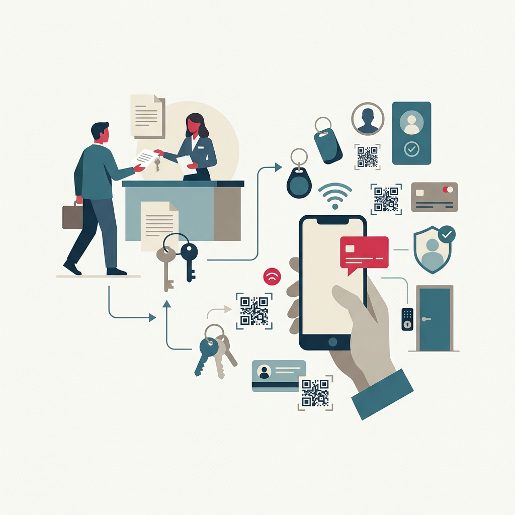 Una persona utilizando un dispositivo móvil para realizar un check-in digital, con una cerradura inteligente en una puerta de fondo, simbolizando la facilidad de acceso autónomo.