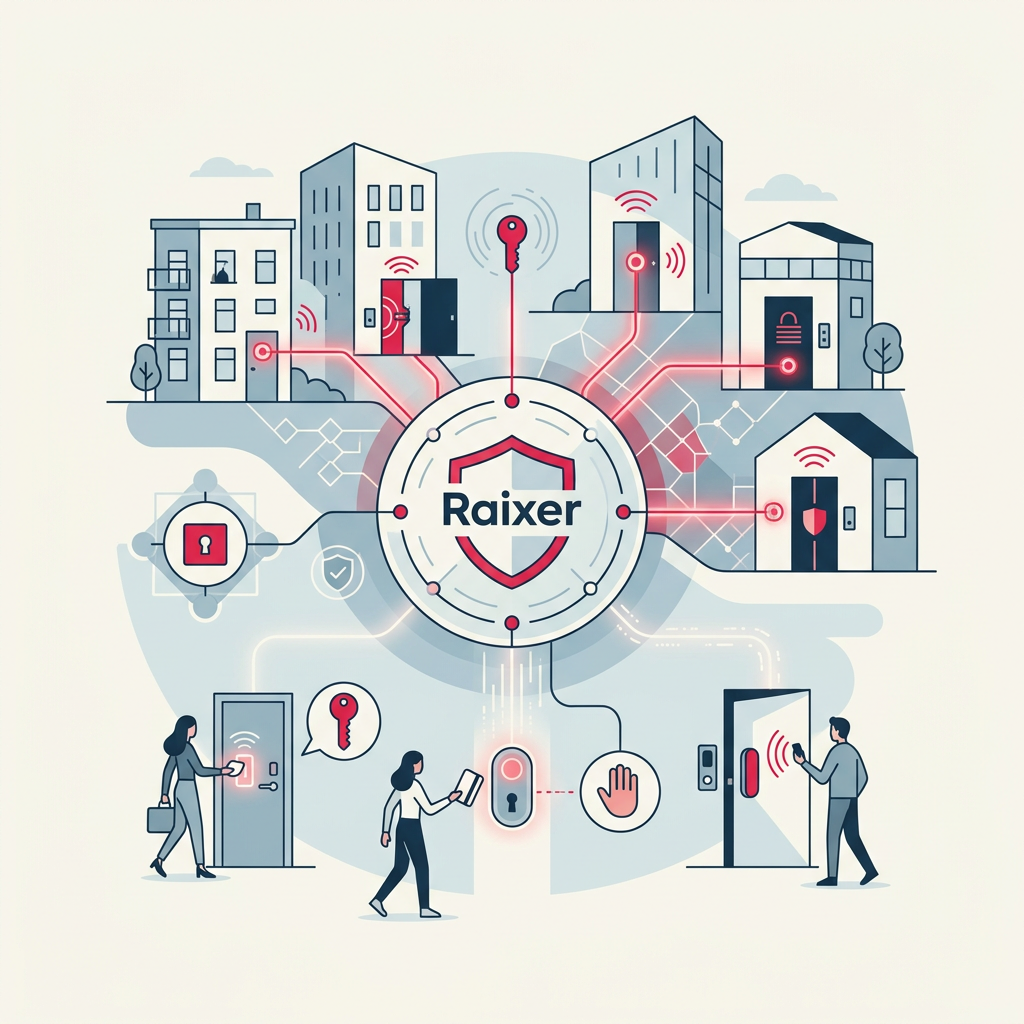 Cerradura inteligente Raixer instalada en una puerta, destacando su diseño moderno y tecnología avanzada.