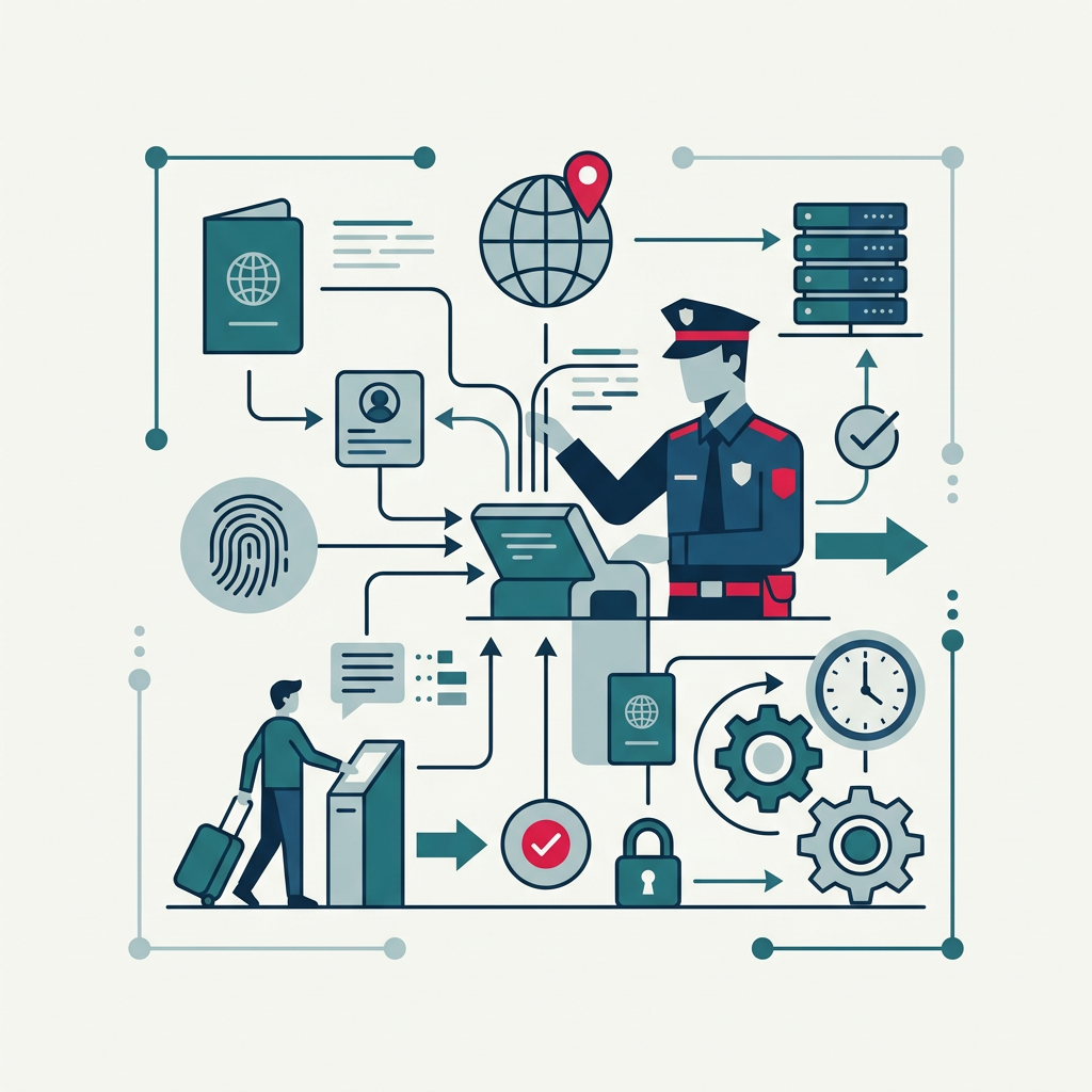 Icona di sicurezza digitale con uno scudo e un distintivo di polizia su una mappa mondiale, che rappresenta la comunicazione dei dati dei viaggiatori alle autorità di polizia online.