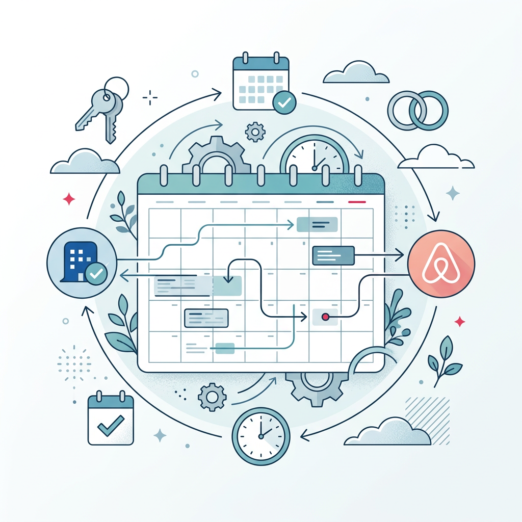 Icons von Booking.com und Airbnb mit Synchronisierungspfeilen, die die Kalenderintegration darstellen.