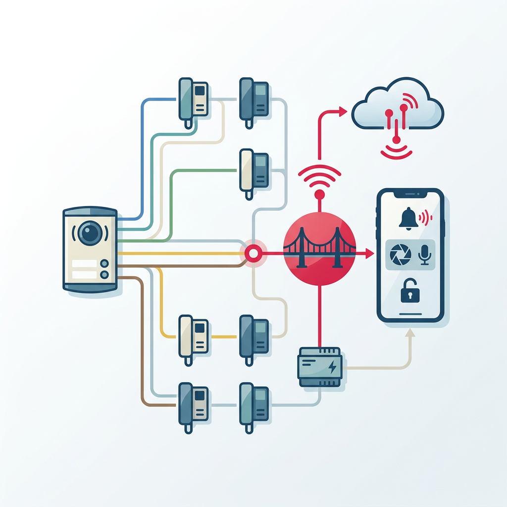 Diagrama de un telefonillo Tegui conectándose a un sistema de control de acceso inteligente Raixer, mostrando 5 hilos de colores distintos.