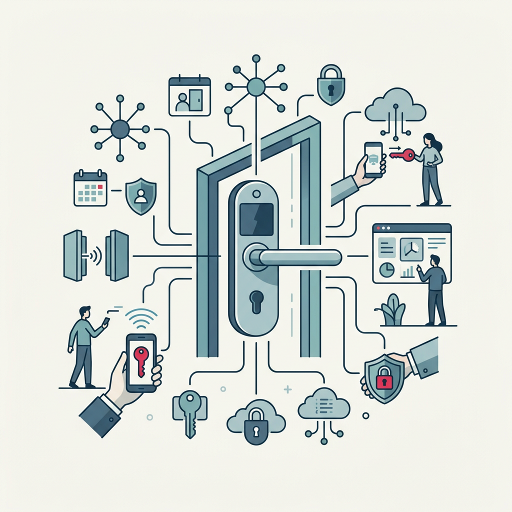 A modern smart lock with the TTLock app logo or interface on a smartphone, showing Bluetooth and Wi-Fi connectivity.
