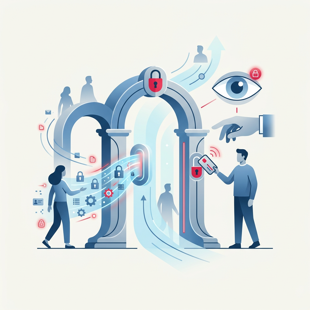 Un'illustrazione digitale che mostra l'interfaccia di Webpol su uno schermo di computer, con icone di serrature intelligenti, telecamere di sicurezza e dispositivi di controllo accessi che fluttuano attorno, simboleggiando la gestione integrale della sicurezza.